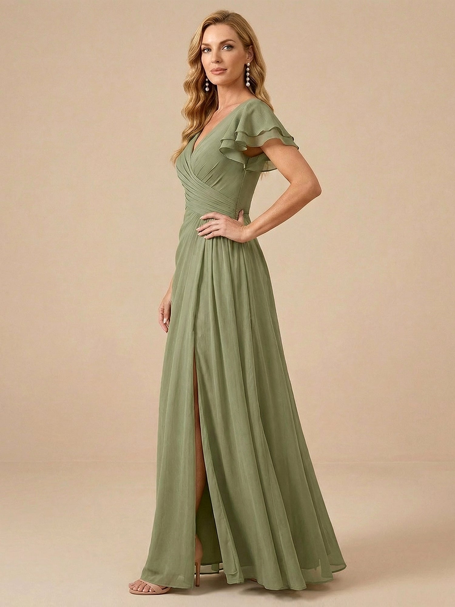 Sage Green V-Neck High-Slit Pleated Chiffon Dress