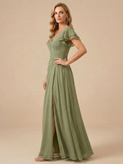 Sage Green V-Neck High-Slit Pleated Chiffon Dress