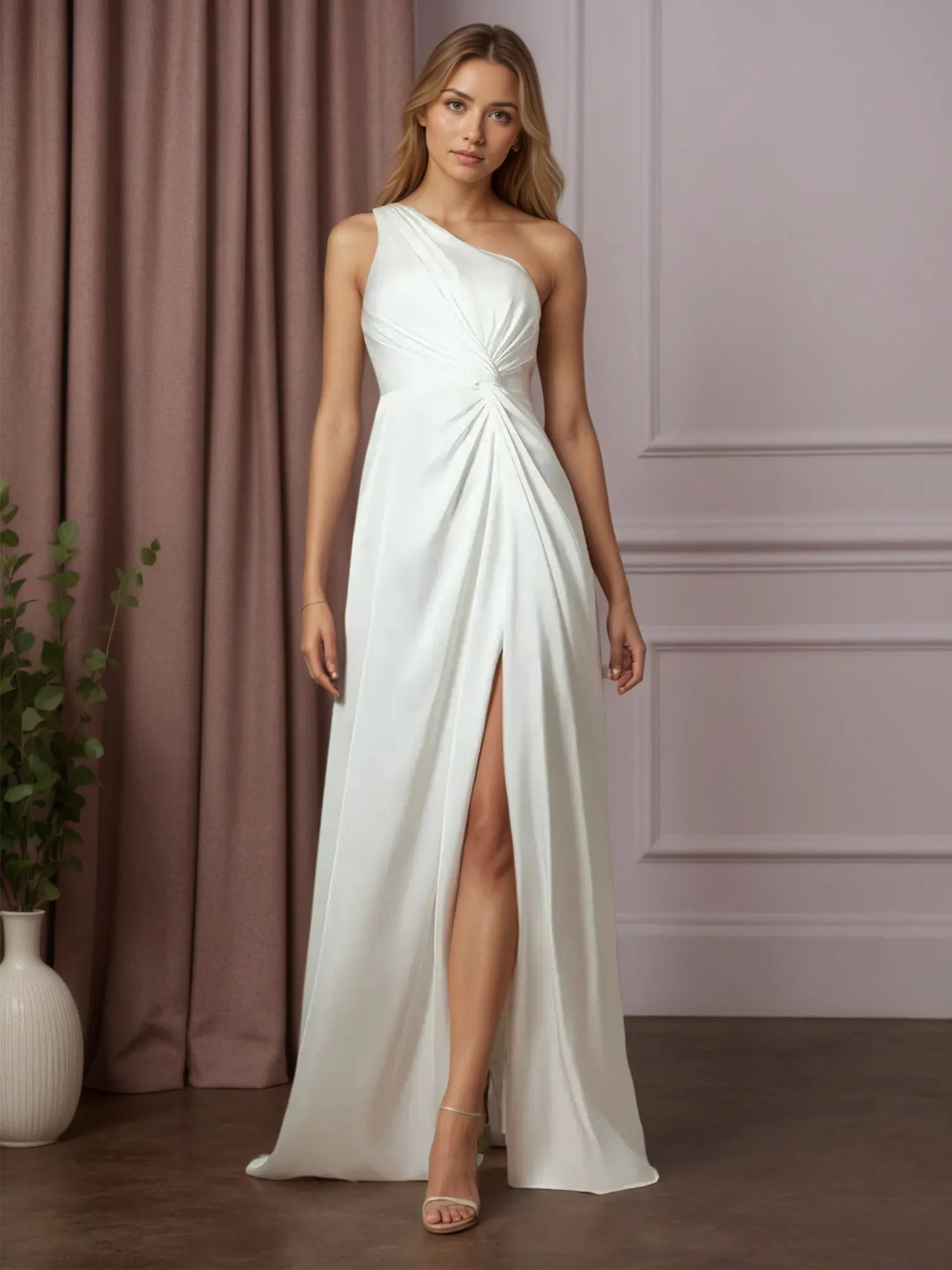 White A-Line One Shoulder Stretch Satin Wedding Dress
