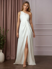 White A-Line One Shoulder Stretch Satin Wedding Dress