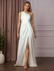 White A-Line One Shoulder Stretch Satin Wedding Dress