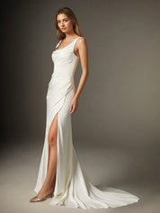 White Mermaid Scoop Pleated Crepe Back Satin Wedding Dress