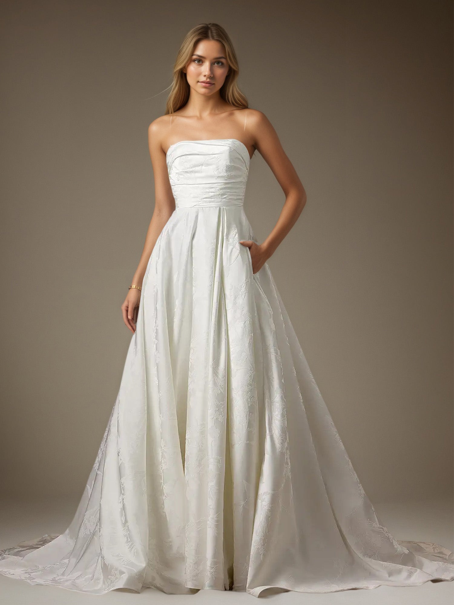 White A-Line Strapless Floral Jacquard Wedding Dress