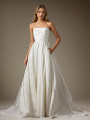 White A-Line Strapless Floral Jacquard Wedding Dress