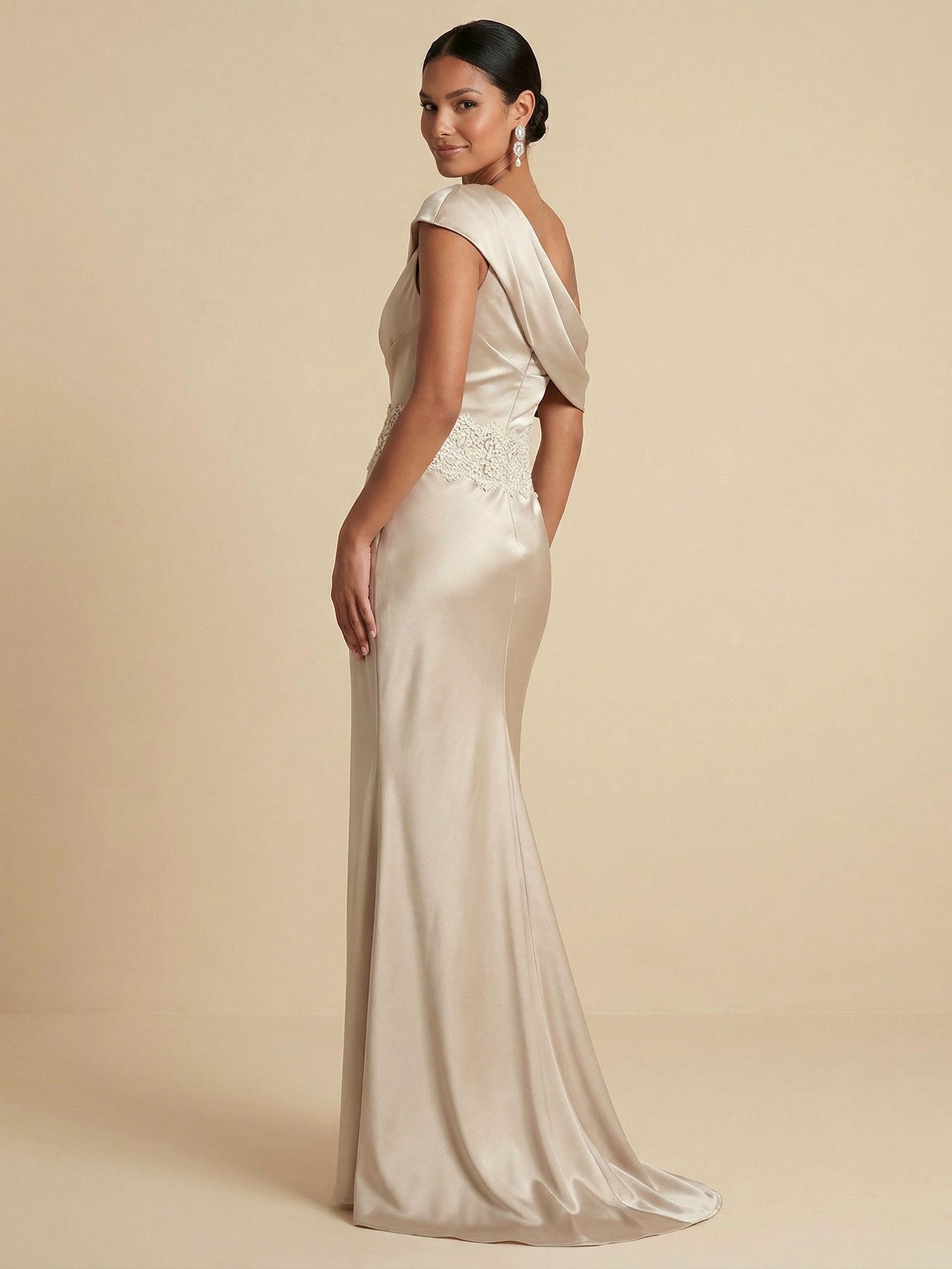Elegant One-Shoulder Satin Mermaid Maxi Dress with Lace Waist