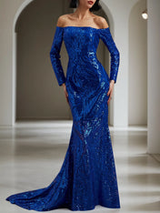 Royal Blue Sequin Dress Off The Shoulder Long Sleeve Mermaid Gown
