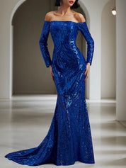 Royal Blue Sequin Dress Off The Shoulder Long Sleeve Mermaid Gown