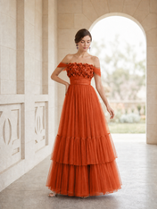 3D Rose A-Line/Princess Off-the-Shoulder Floor-Length Evening Dresses with Tiered Ruffles