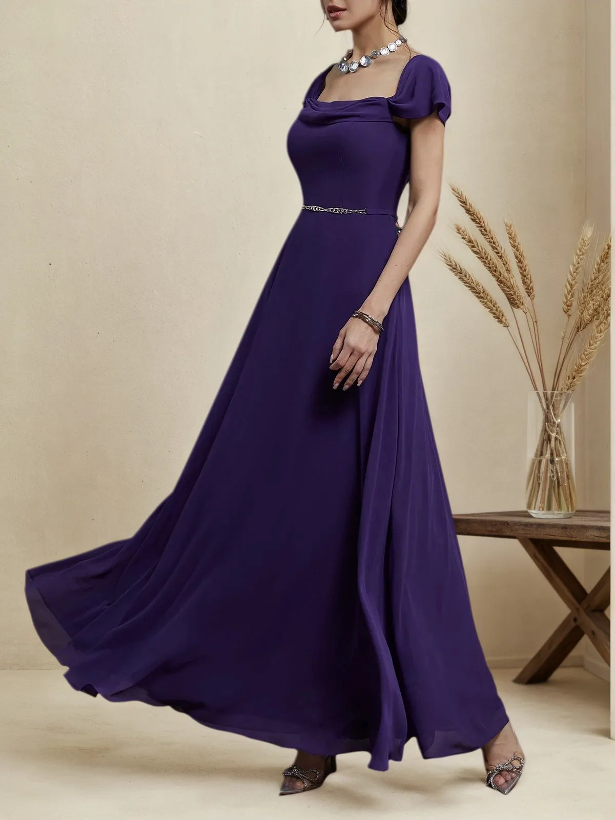 Purple Chiffon Square Neck Short Sleeve A-Line Maxi Bridesmaid Dress
