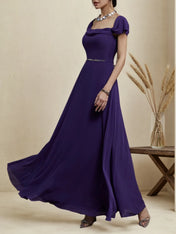 Purple Chiffon Square Neck Short Sleeve A-Line Maxi Bridesmaid Dress