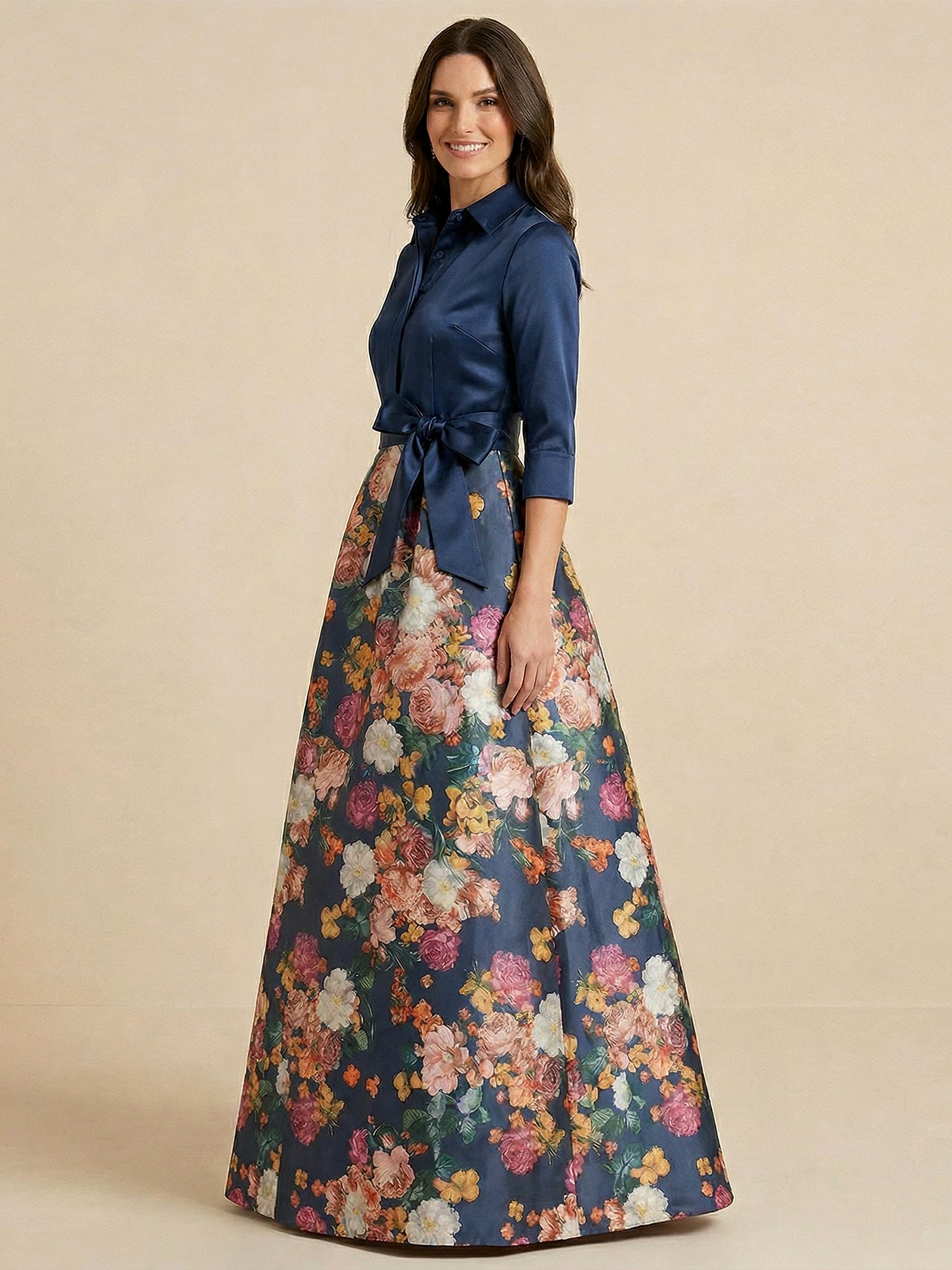 Navy Blue Shirt Collar Satin Top Floral Maxi Dress with Bow Waist
