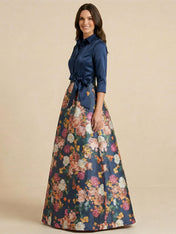 Navy Blue Shirt Collar Satin Top Floral Maxi Dress with Bow Waist