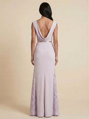 Lilac Sleeveless Cowl Neck Mermaid Gown with Lace Side Slits