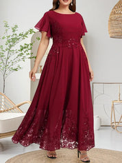 Robe de mère de la mariée trapèze en mousseline de soie et dentelle, longueur cheville, avec paillettes 