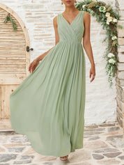 Light Green Lace Ruched Chiffon V Neck Sleeveless A-Line Maxi Dress