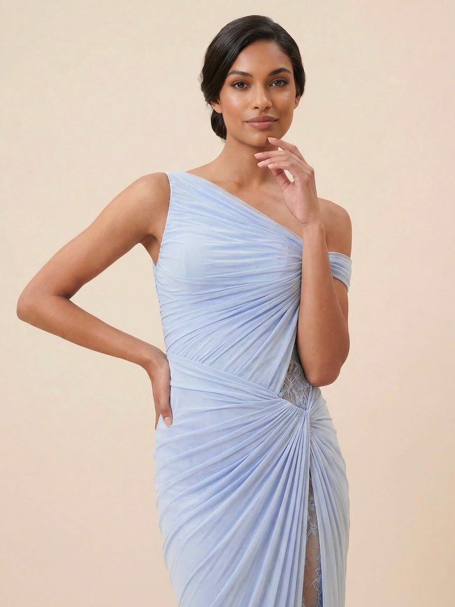 Elegant One-Shoulder Draped Maxi Dress with Lace Slit
