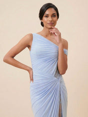 Elegant One-Shoulder Draped Maxi Dress with Lace Slit