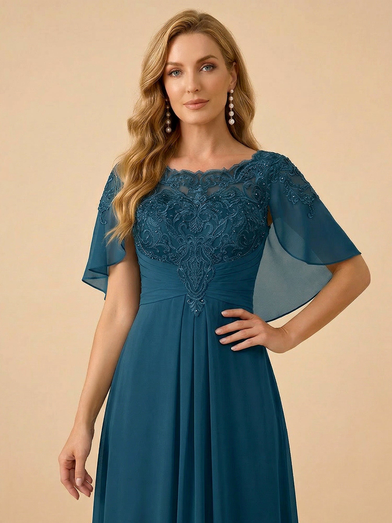 A-Line Lace Appliques Draped Back Chiffon Mother of the Bride Dress Maxi Dress