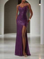 Purple Ruched Slit Sequin Spaghetti Gallus Sheath Gown Dress