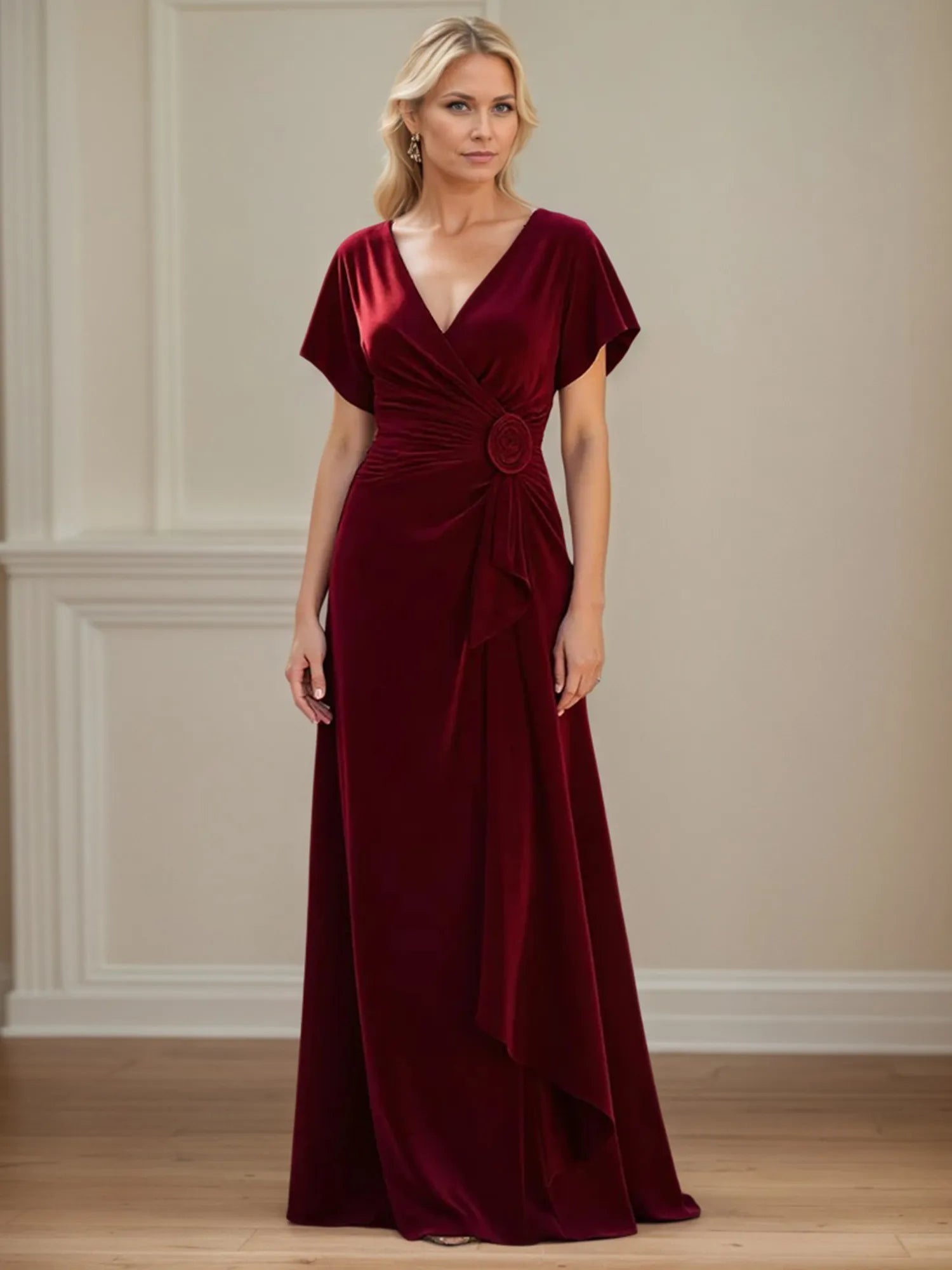 A Line V Neck Ruched Floor Length Mother of the Bride Dress