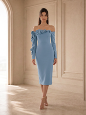 Off-the-Shoulder Navy Blue Crepe Evening Dresses with 3D Floral Applique Sleeve