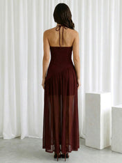 Burgundy Strapless Spaghetti Straps Maxi Dress with Slit