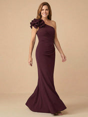 One Shoulder 3D Flower Satin Mermaid Mother of the Bride Dress