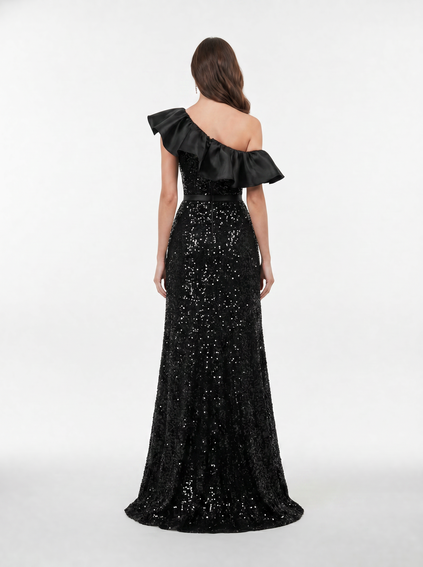 Sequin Sheath One Shoulder Floor-Length Evening Dresses with Ruffles