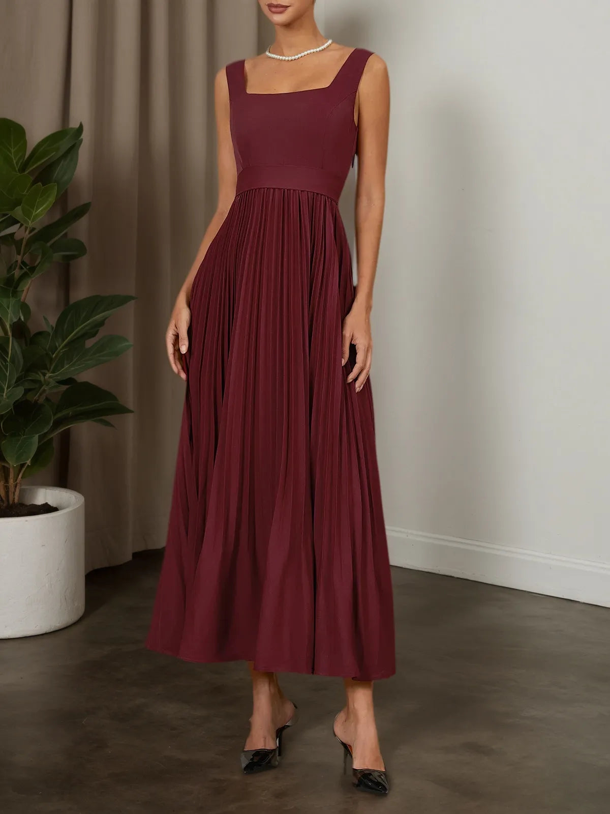 Wine Red Pleated Classic Square Neck Sleeveless A-Line Maxi Dress