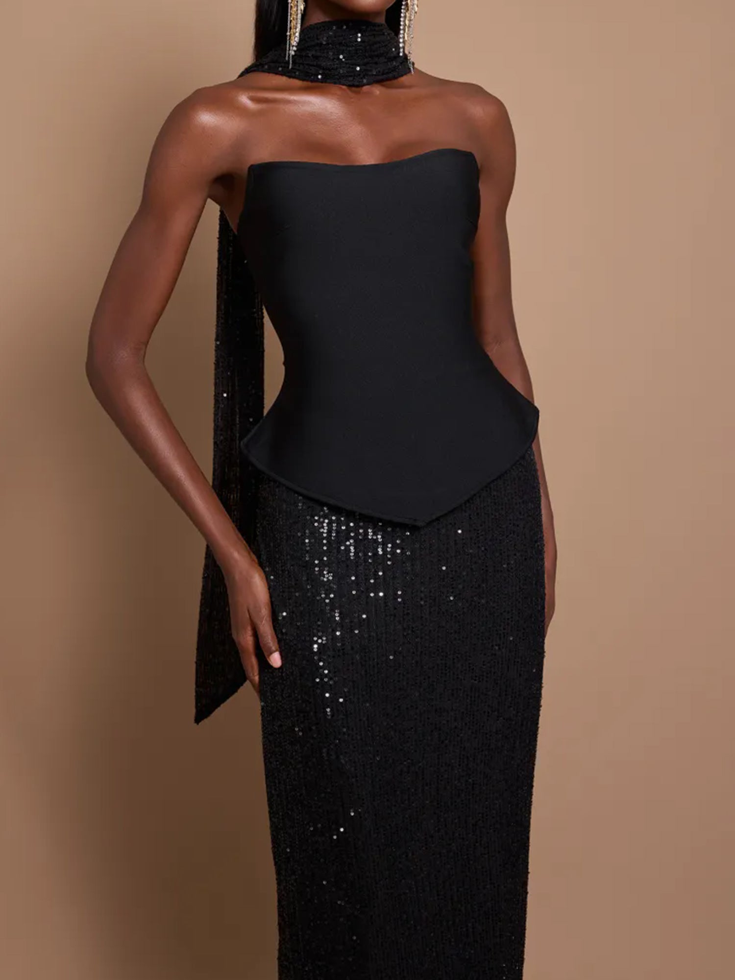 Off-Shoulder Bandage Top & Sequin Midi Skirt Set