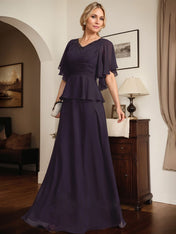A-line V-Neck Floor-Length Chiffon Mother of the Bride Dress With Pleated Beading