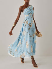Light Blue Floral Ruched Chiffon One Shoulder Sleeveless A Line Maxi Dress
