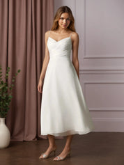 White A-Line V-Neck Pleated Crinkle Chiffon Wedding Dress