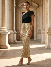 Black and Gold One Shoulder Ruched Sequin Maxi Evening Dress