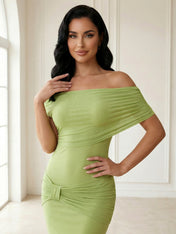 Green Off the Shoulder Maxi Dresses with Pleat Mermaid Evening Dress