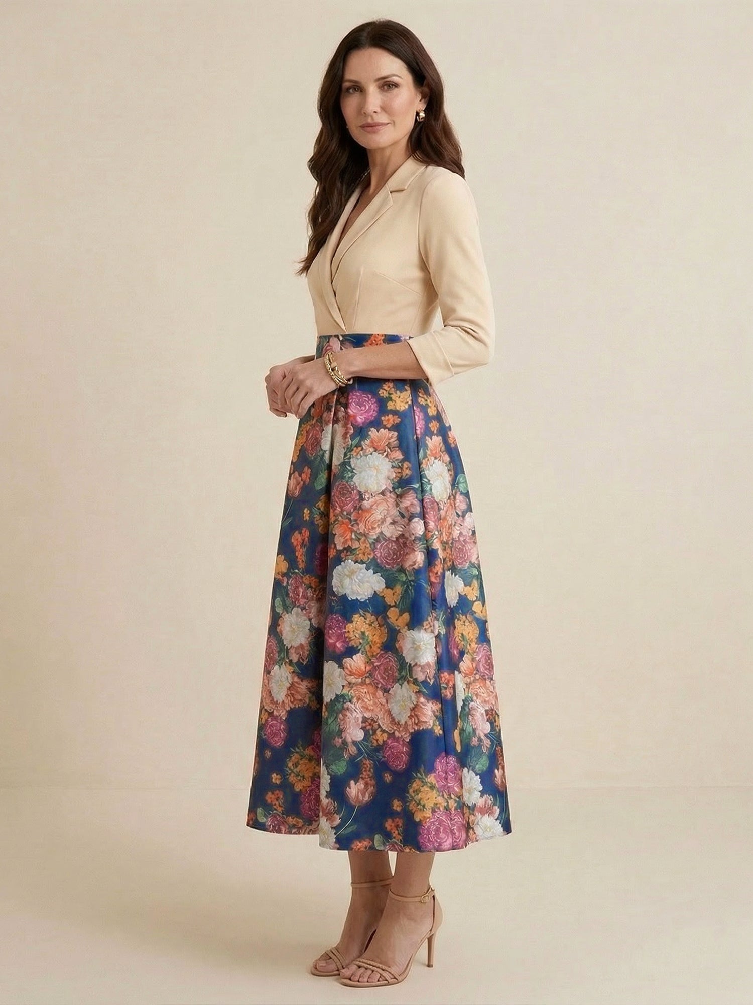 Champagne A-Line V Neck Satin Two-piece Print Floral Mother of the Brides dress