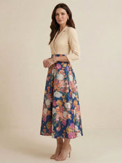 Champagne A-Line V Neck Satin Two-piece Print Floral Mother of the Brides dress