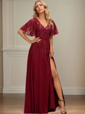 A-line V-Neck Floor-Length Lace Chiffon Evening Dress With Sequins