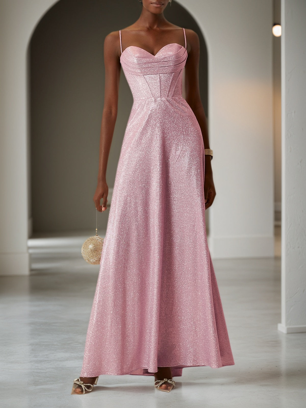 Light Pink Ruched Satin Spaghetti Corset A-Line Gown Dress