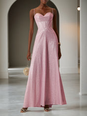 Light Pink Ruched Satin Spaghetti Corset A-Line Gown Dress