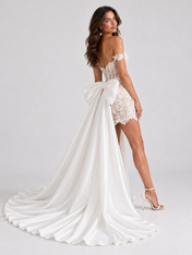 Off-the-Shoulder Lace Mini Cocktail Dress Wedding Dress with Satin Overskirt Train