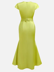 Green Floral Embroidered Cap Sleeve Slit Sheath Maxi Dress