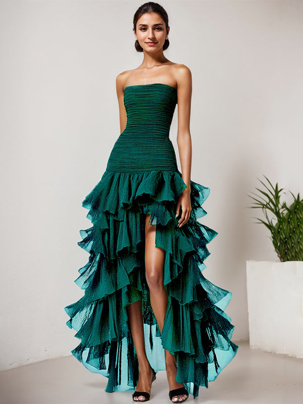 Chic Dark Green Strapless Tulle Tiered Long Formal Dress