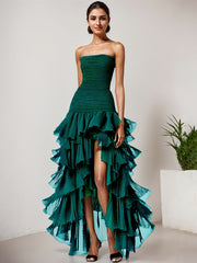 Chic Dark Green Strapless Tulle Tiered Long Formal Dress