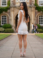 Flutter Sleeve Ruched Mini Dress with Ruffle Hem Homecoming Dresses