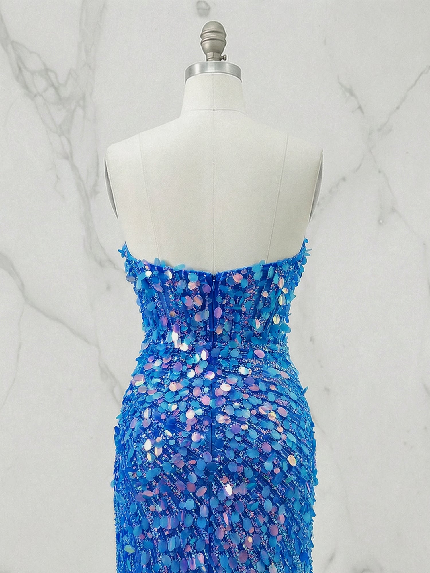 Blue Sweetheart Mermaid Sequins Long Prom Dress with Slit