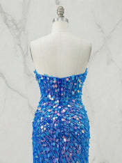 Blue Sweetheart Mermaid Sequins Long Prom Dress with Slit