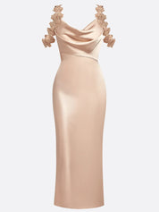 Champagne 3D Floral Satin Cowl Neck Sleeveless Sheath Midi Dress