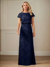 A Line Boat Neck Short Sleeve Floral Burnout Mother of the Bride Dress