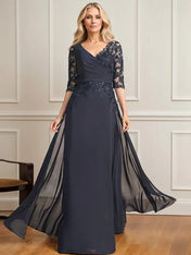 A-line V-Neck Floor-Length Lace Chiffon Mother of the Bride Dress With Pleated Sequins